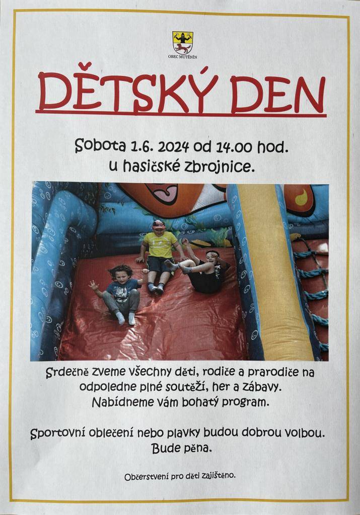 Zveme Vás v sobotu 1.6. 2024 od 14:00 hod. na oslavu MDD. Sraz u hasičské zbrojnice.
