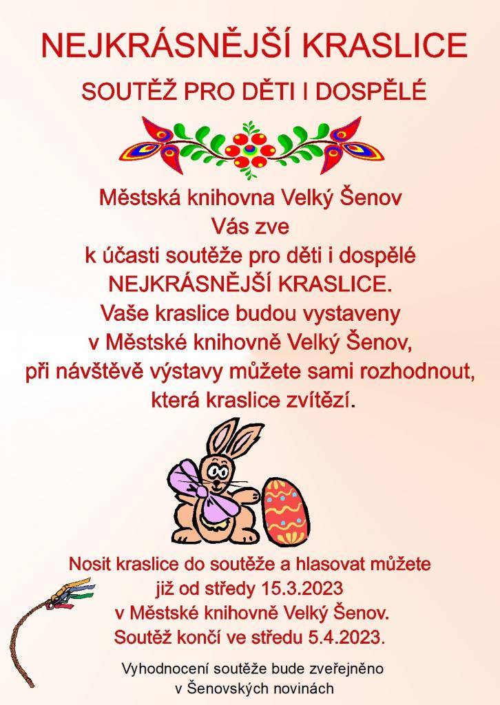 Městská knihovna Velký Šenov Vás zve k účasti soutěže o nejkrásnější kraslici. Soutěž je od 15.3.2023 do 5.4.2023.