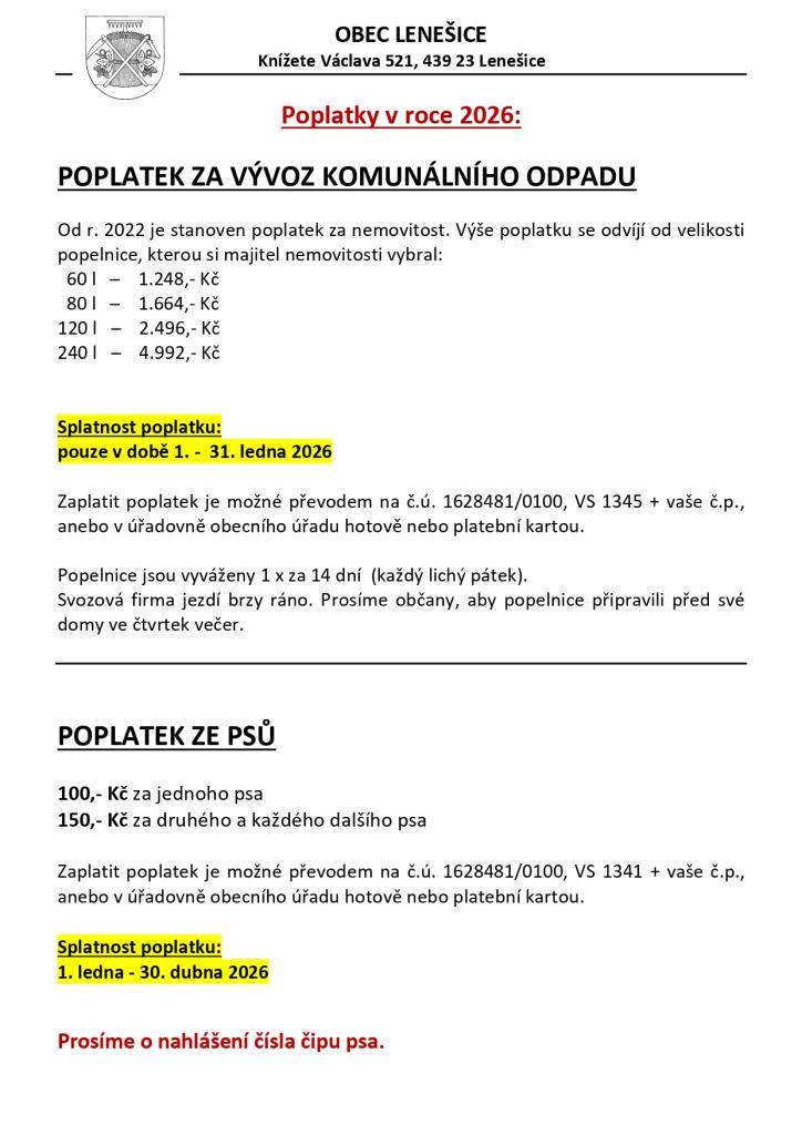 Poplatky v roce 2026