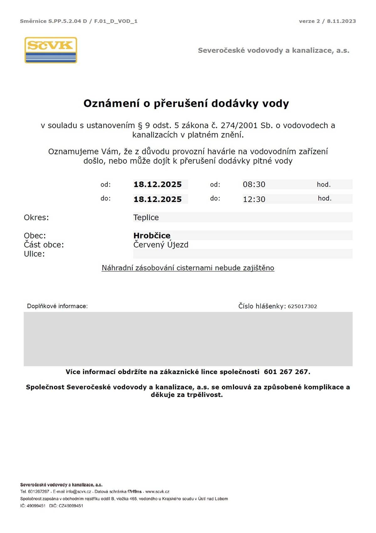 Vážení občané, informujeme Vás o odstávce pitné vody dnes od 08.30 do 12.30h v obci Červený Újezd.