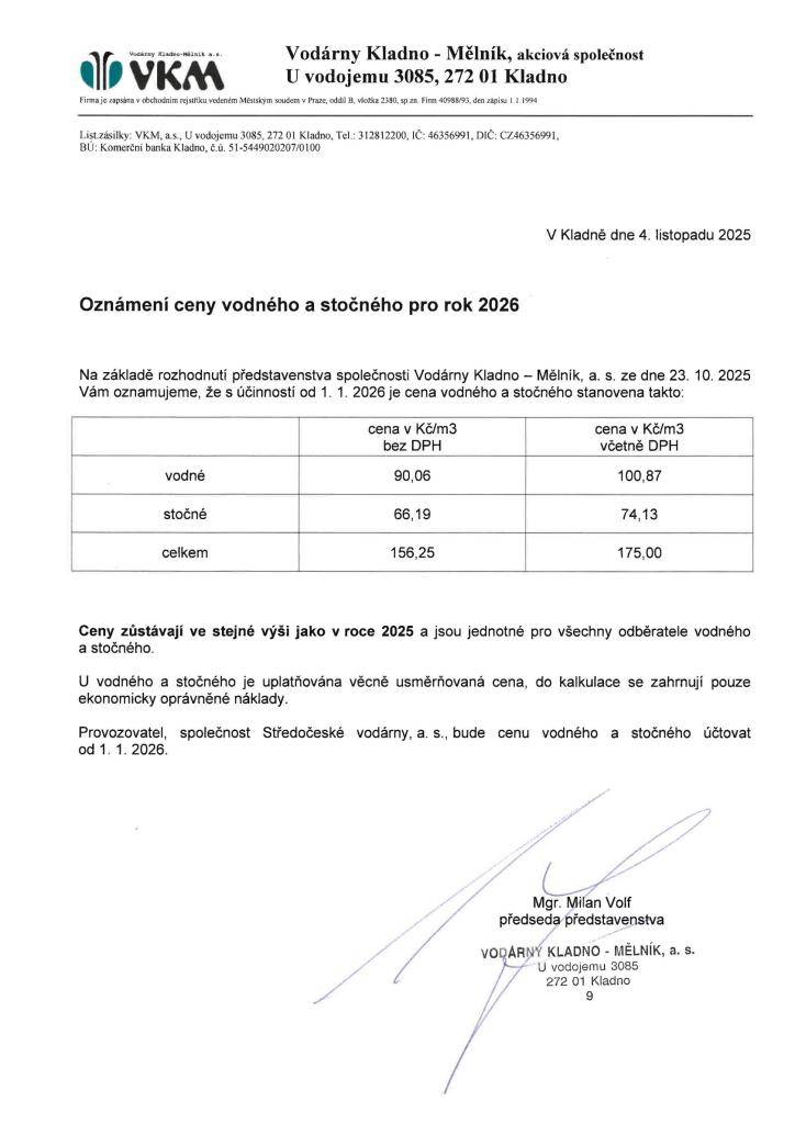 Ceny vodného a stočného od VKM na rok 2026