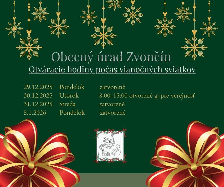 Vážení občania, oznamujeme úpravu otváracích hodín počas vianočných sviatkov.