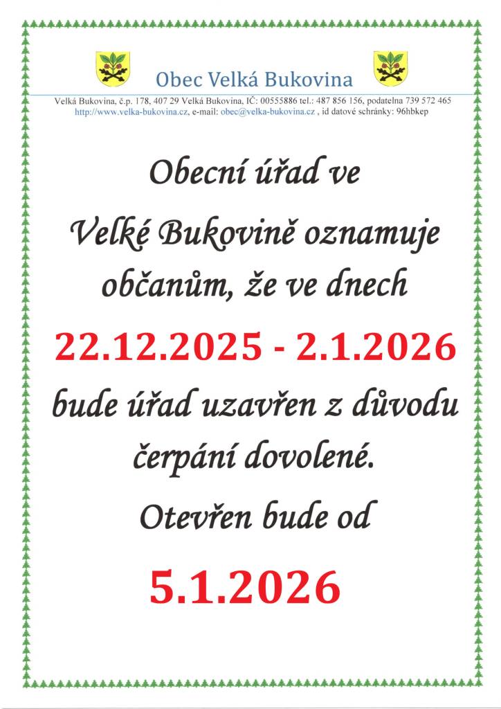 22.12.2025 - 2.1.2026 ZAVŘENO