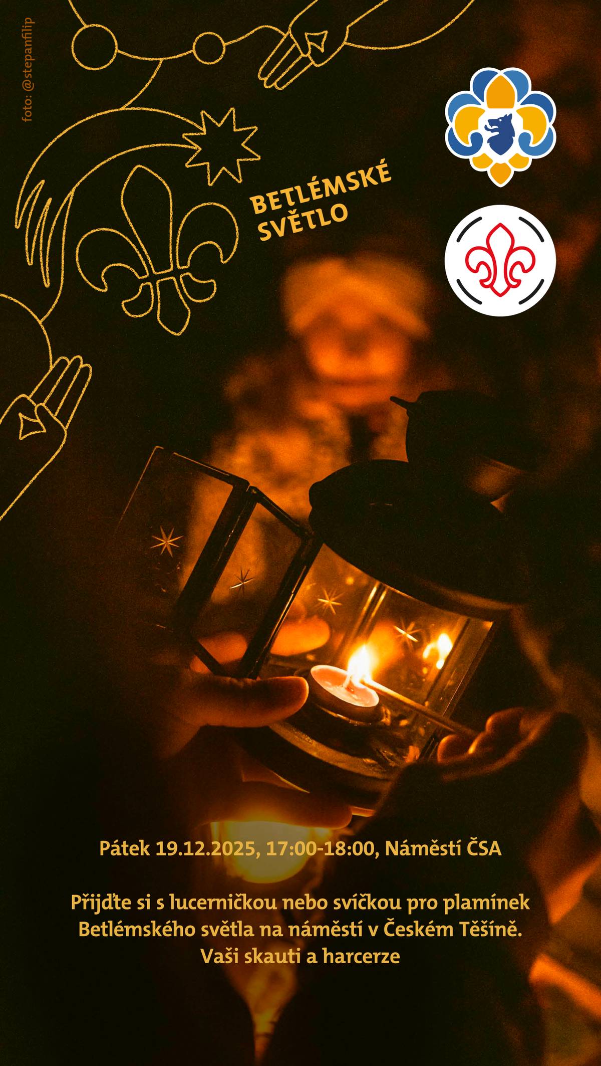 Vážení spoluobčané, zveme vás k tradičnímu sdílení vánočního pokoje a naděje. V pátek 19. prosince 2025 v době od 17:00 do 18:00 hodin si můžete přijít na českotěšínské náměstí pro plamínek Betlémského světla. Ten k nám i letos společně dovezou skauti a harcerze. Nezapomeňte si vzít vlastní lucerničku nebo svíčku, abyste si mohli světlo odnést do svých domovů k vánočnímu stolu.