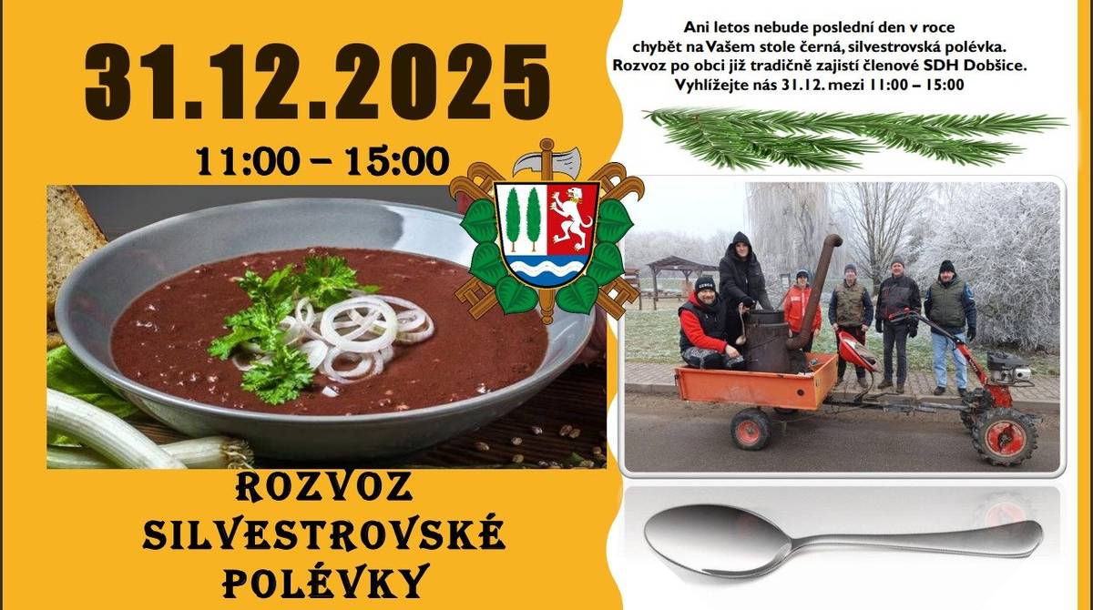 Členové SDH Dobšice oznamují, že rozvoz silvestrovské prdelačky proběhne 31.12.2025 v čase od 11 do 15 hodin. Trasa ze Zámečku přes Libněves do Dobšic.