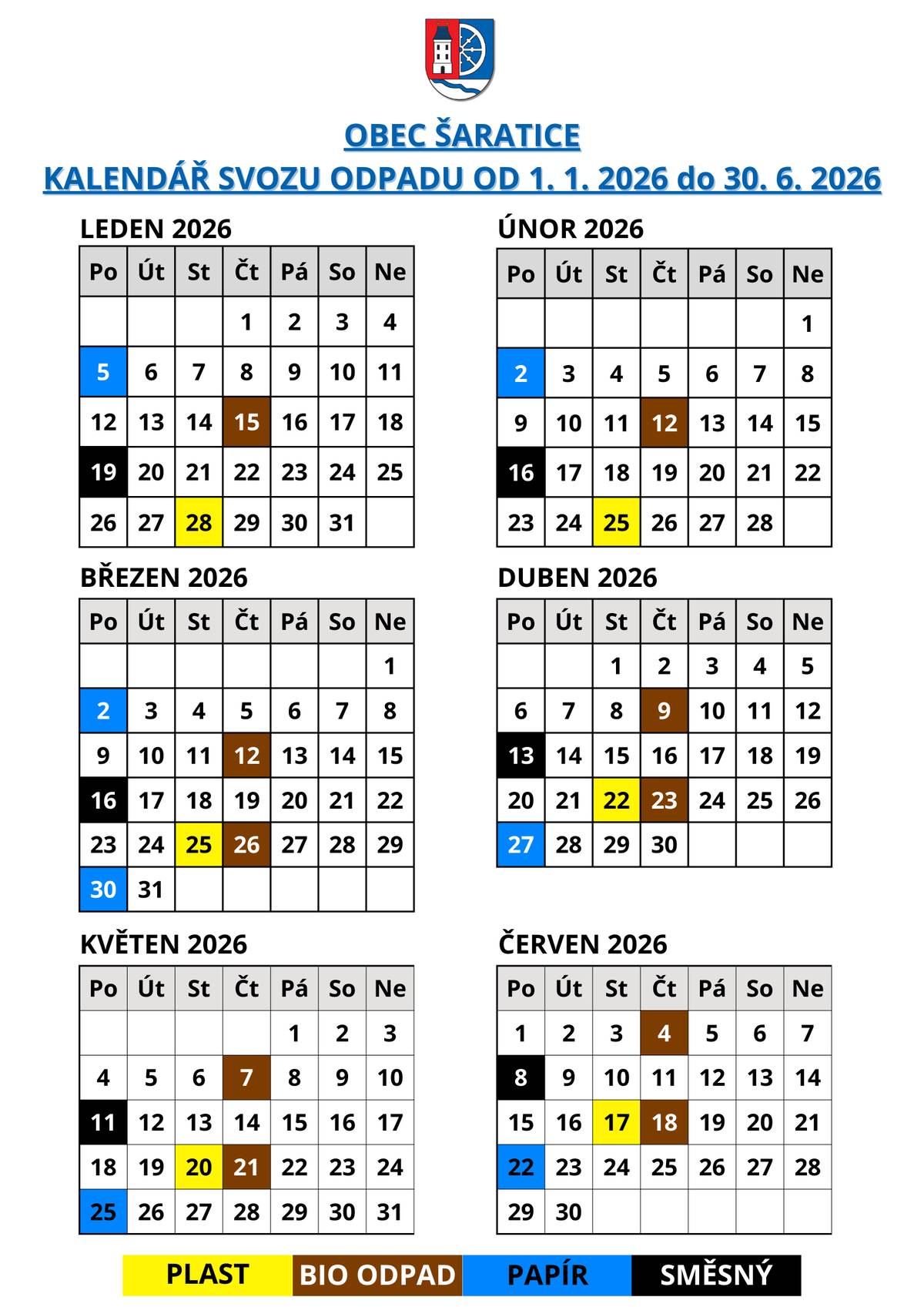 Vážení občané, zveřejňujeme harmonogram svozu odpadu DOOR TO DOOR na období od 1. 1. 2026 do 30. 6. 2026. Tištěná verze harmonogramu je pro vás připravena na chodbě OÚ Šaratice, v potravinách Na Návsi a také ve vánočním zpravodaji, který najdete ve svých schránkách v sobotu 20. 12. 2025.  Na listopadovém jednání ZO se zastupitelé shodli na zavedení mobilní aplikace, která bude v nastaveném čase upozorňovat na termíny svozu odpadu.  Návod na stažení:   Aplikace má název "Odvoz Odpadu CZ" a lze ji stáhnout na App Store či Google Play (viz QR kódy). Po stažení aplikace klikněte na "Vyberte místo ke sledování" a zadejte "Šaratice". Přes ikonku "Nastavení" (vpravo nahoře) lze nastavit čas upozornění - například den předem v 17:00. Aplikace je zdarma (jak pro Vás tak pro obec), nevyžaduje registraci a ani nesbírá data o Vás. Data v aplikaci jsou průběžně aktualizována podle kalendářů vývozu.