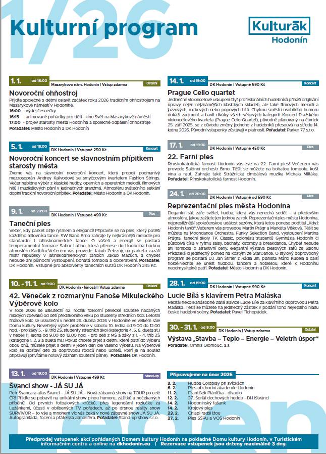 KD HODONÍN - KULTURNÍ PROGRAM NA LEDEN 2025
