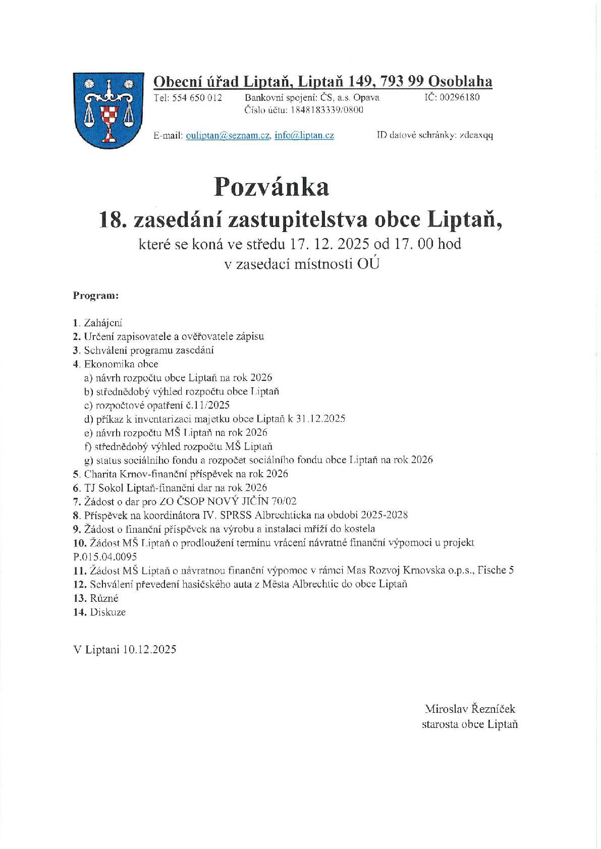 Dne 17.12.2025 od 17 hodin Vás zveme na 18. veřejné zasedání obce Liptaň.