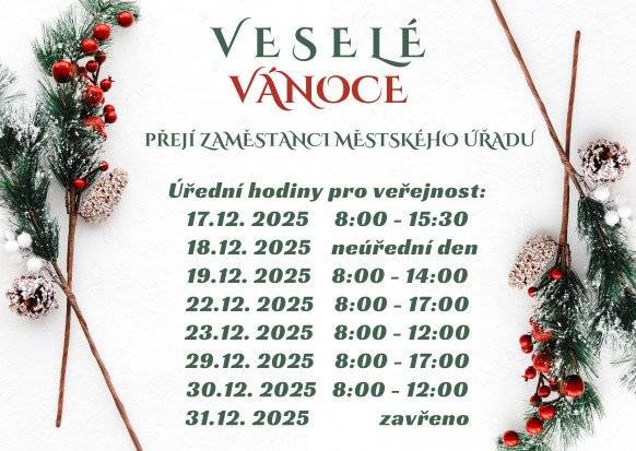 V období předvánočního času a vánočních svátků dochází ke změnám úředních hodin Městského úřadu Veselí nad Moravou a dalších městských organizací. První úprava platí již ve středu 17. 12., proto doporučujeme občanům, aby si před návštěvou ověřili aktuální informace.