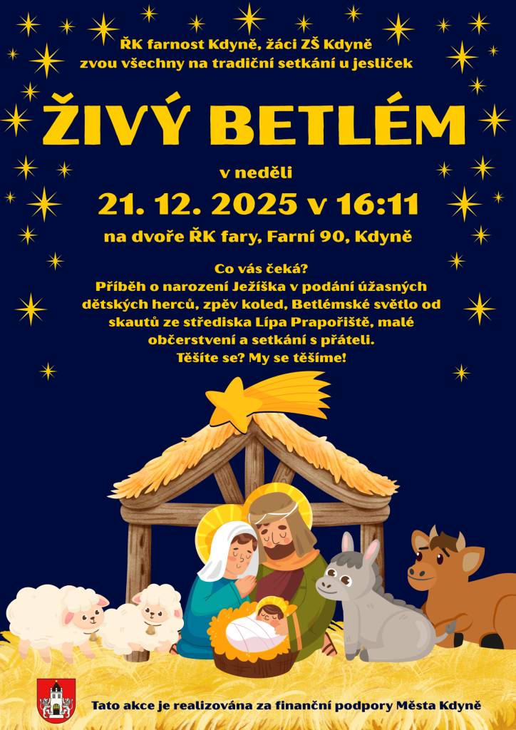 ŘK farnost Kdyně za podpory žáků a učitelů ZŠ Kdyně, zvou všechny na tradiční setkání u jesliček.  Přijďte se podívat 21.12.2025 v 16:11 hodin na dvůr ŘK fary, Farní 90, Kdyně.
