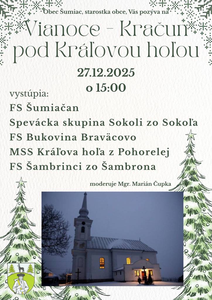 27.12.2025 (sobota) o 15:00 hod  v gréckokatolíckom kostole v Šumiaci