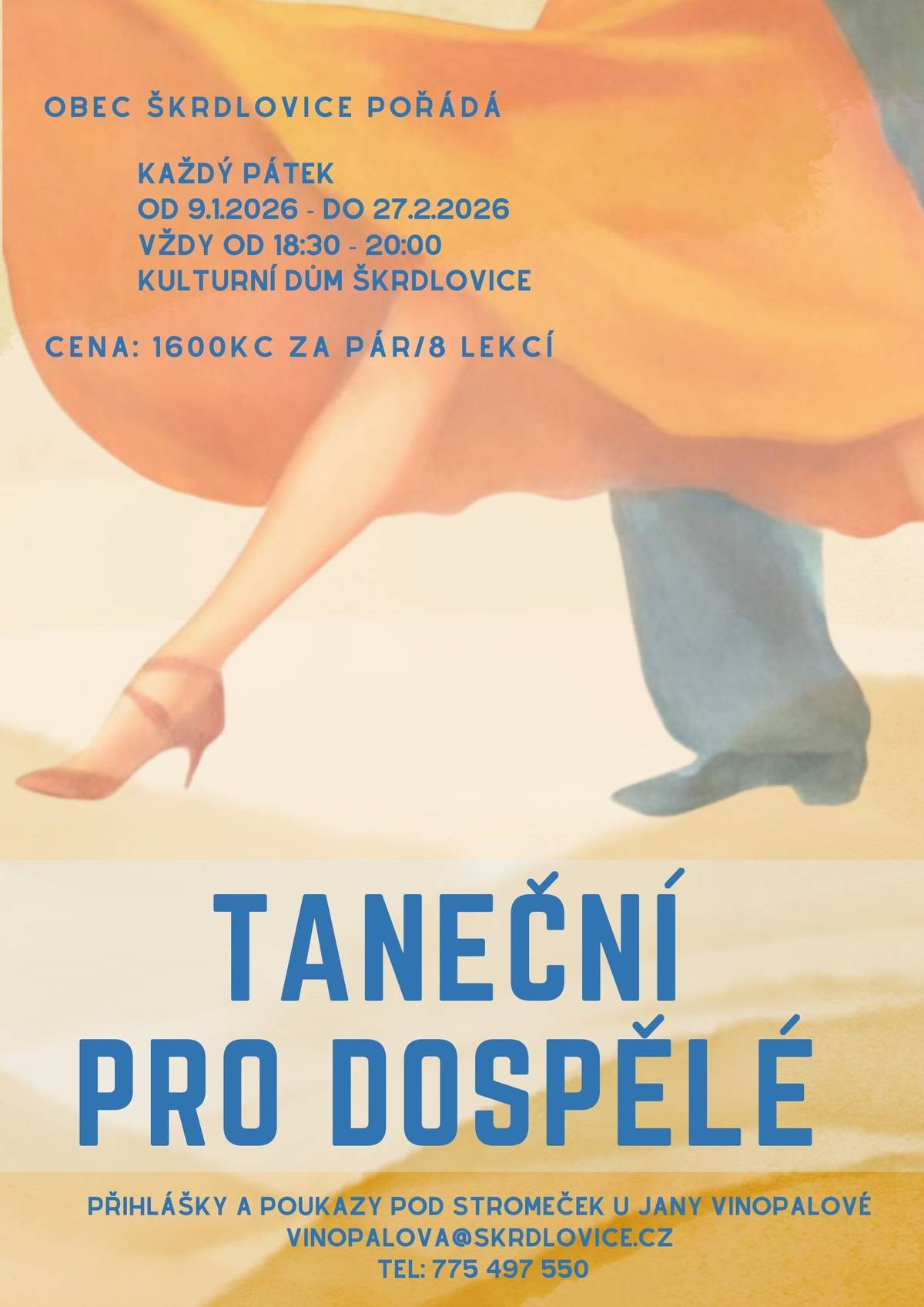 💃🕺 Milí občané Škrdlovic, máme pro vás dobrou zprávu – taneční pro dospělé jsou zpět! Kapacita se postupně plní, ale pár volných míst je stále k dispozici. 🎁 Tip na dárek pod stromeček: dárkové poukazy na taneční lze zakoupit – potěší víc než ponožky 😉 Budeme se těšit na všechny tanečníky ze Škrdlovic!