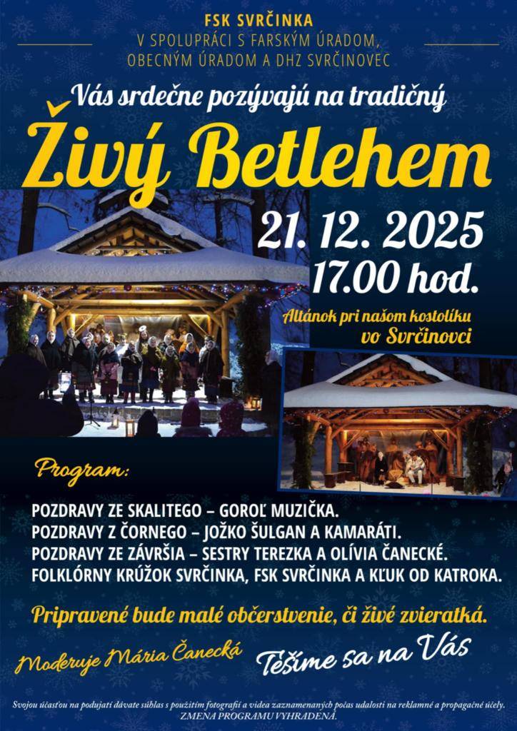 V nedeľu 21.12.2025 o 17.00 hod Vás srdečne pozývame na "Živý Betlehem" pri našom kostolíku...