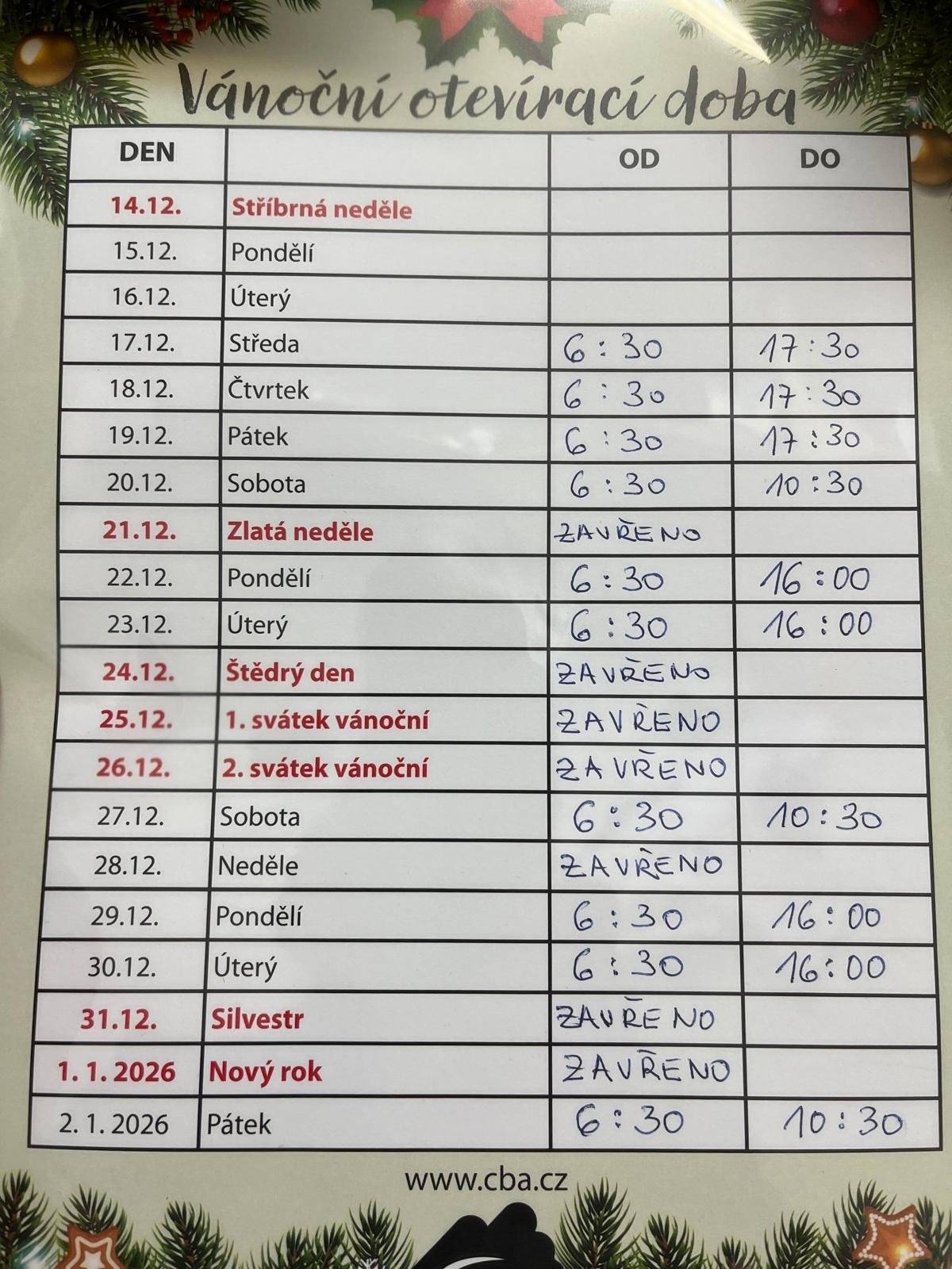 Informace o provozní době prodejny v období svátků.
