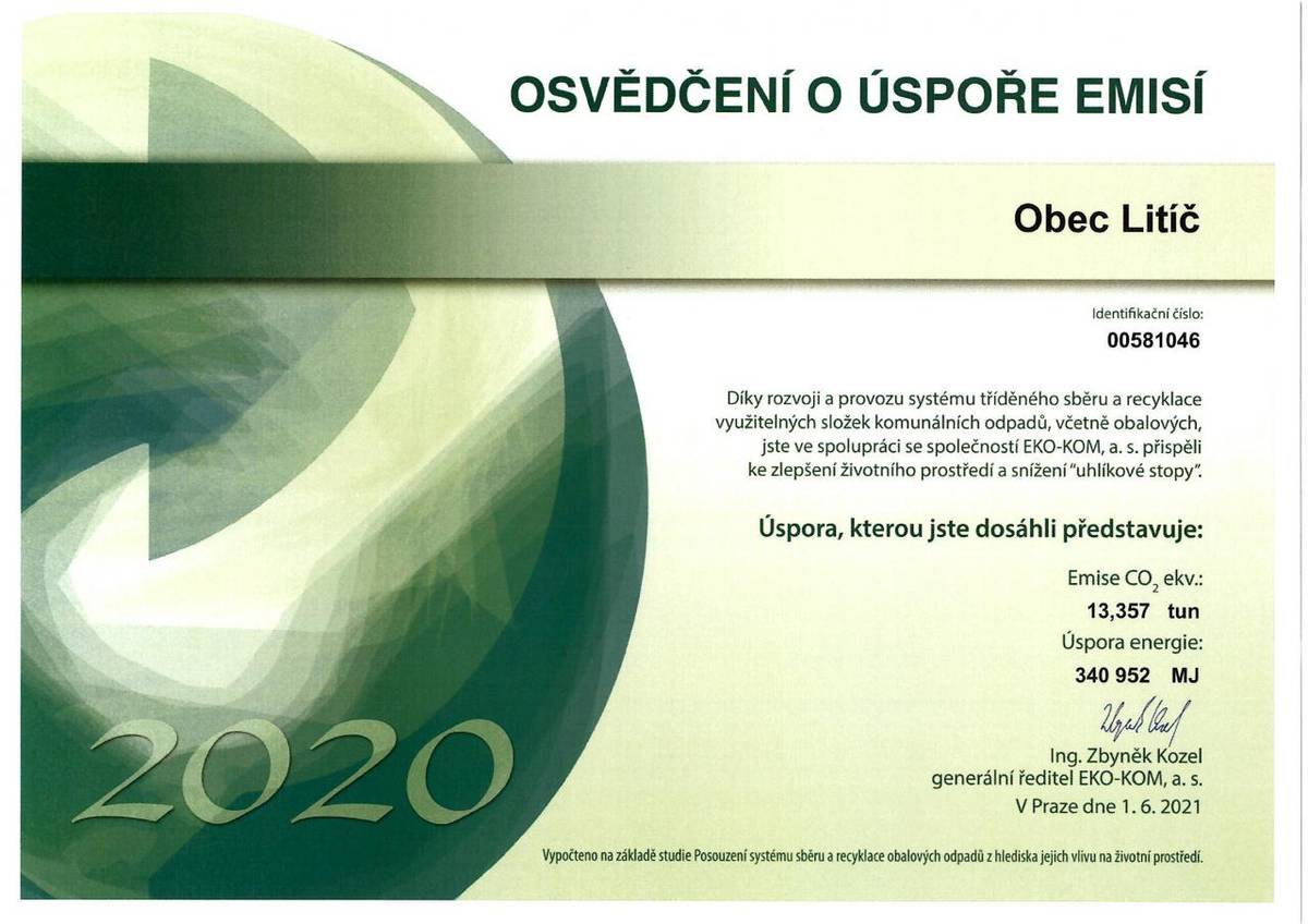 Na přiloženém Osvědčení jsou uvedeny výsledky v systému EKO-KOM za rok 2020, kterých jsme dosáhli v naší obci, a tím přispěli ke zlepšení životního prostředí a snížení uhlíkové stopy. Děkujeme všem občanům za spolupráci.