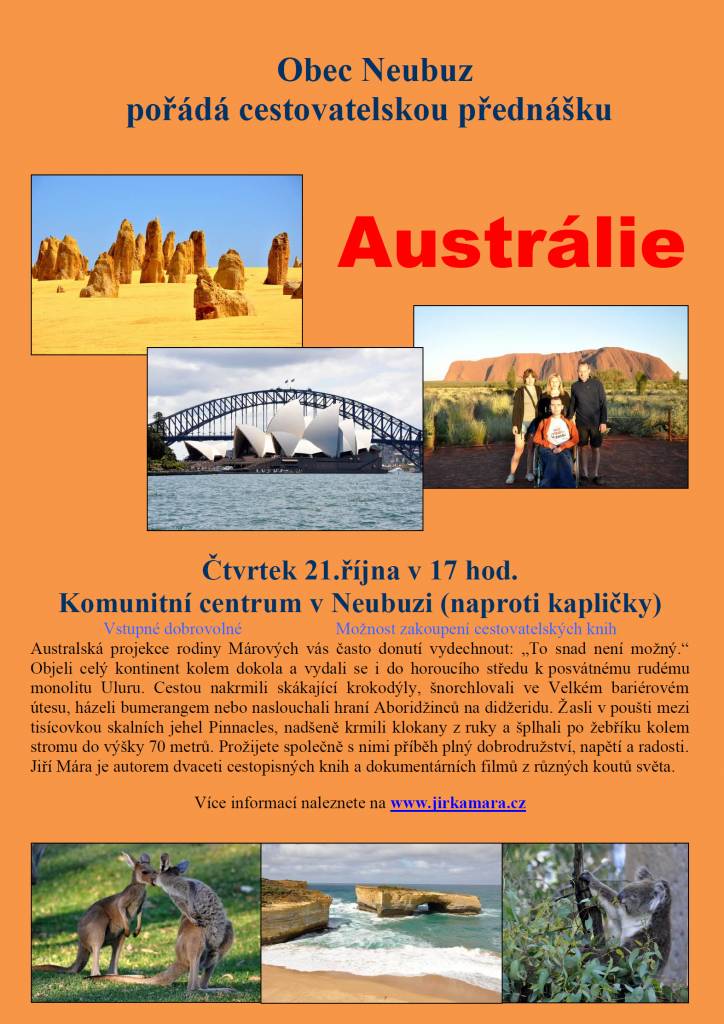 Čtvrtek 21.října v 17 hodin.  Komunitní centrum v Neubuzi (naproti kapličky)  Vstupné dobrovolné.  Na vaši účast se těší cestovatel Jirka Mára a Obec Neubuz
