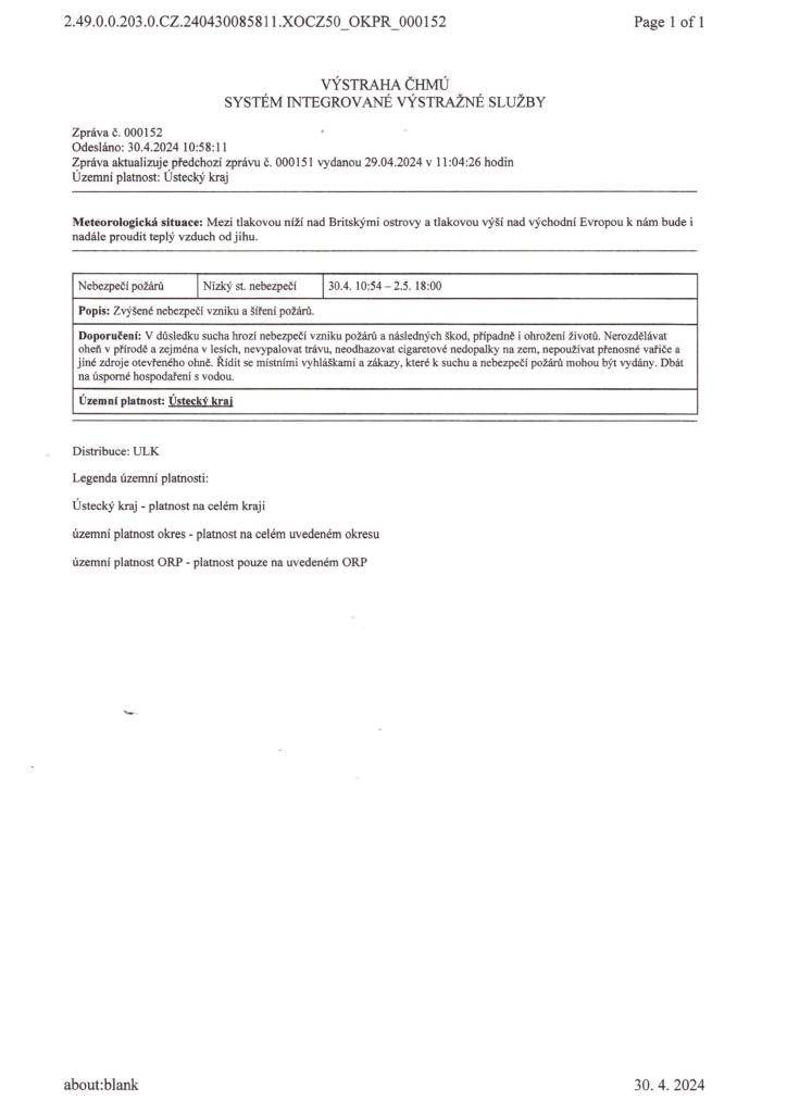 Výstraha ČHMÚ-Zvýšené nebezpečí vzniku a šíření požárů viz. přiložený leták