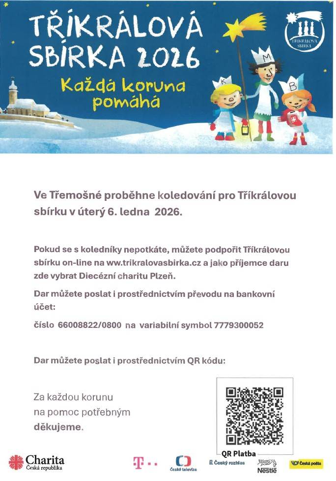 Ve Třemošné proběhne koledování pro Tříkrálovou sbírku v úterý 6. ledna 2026