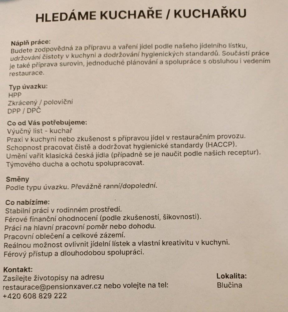 Penzion Xaver v Blučině hledá pracovní sílu na pozici kuchařky/kuchaře.