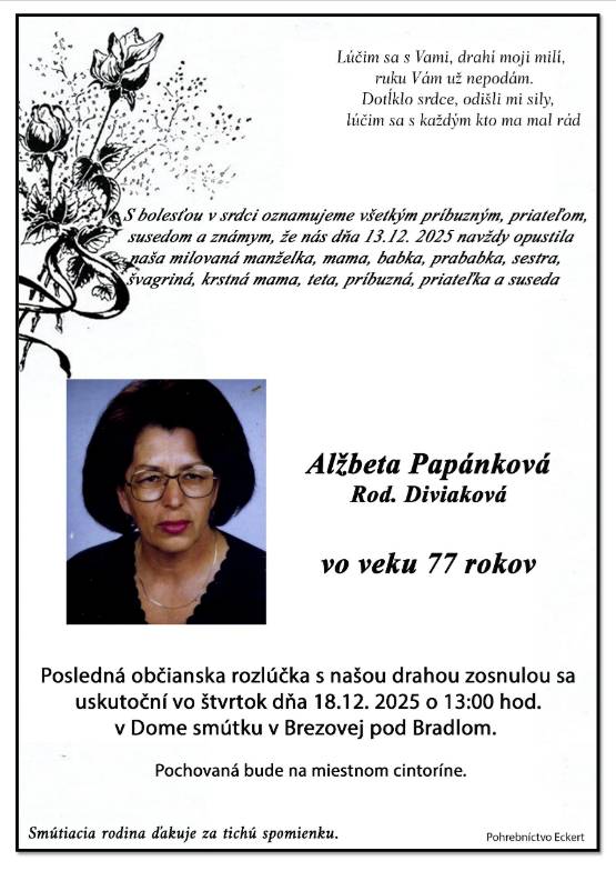 Smútočné oznámenie - Alžbeta Papánková, rod. Diviaková