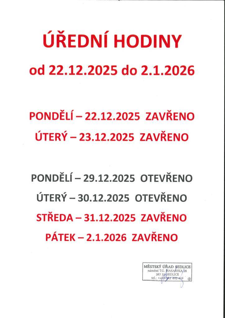 Úřední dny MěÚ Sedlice během svátků