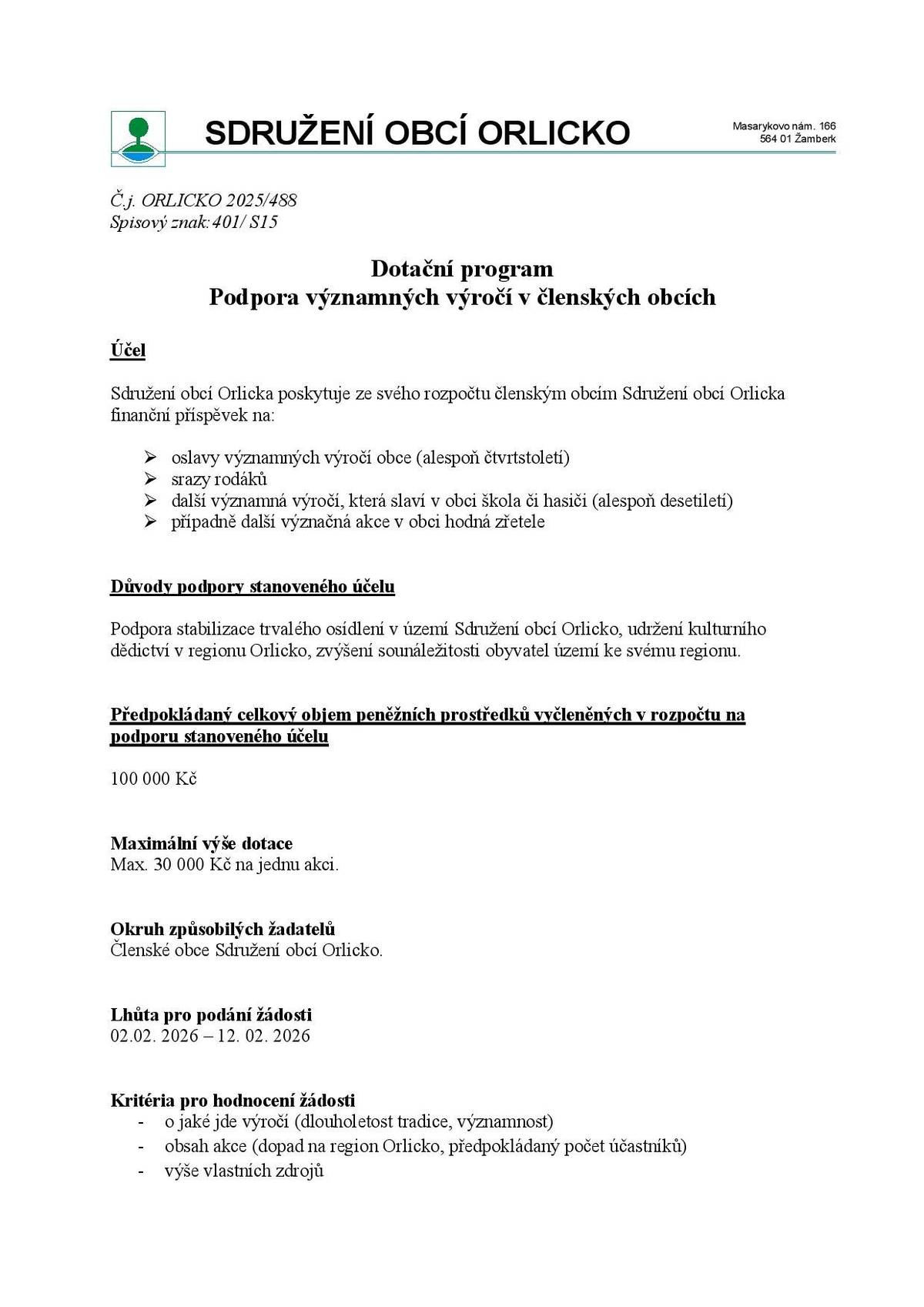 Podpora významných výročí v členských obcích