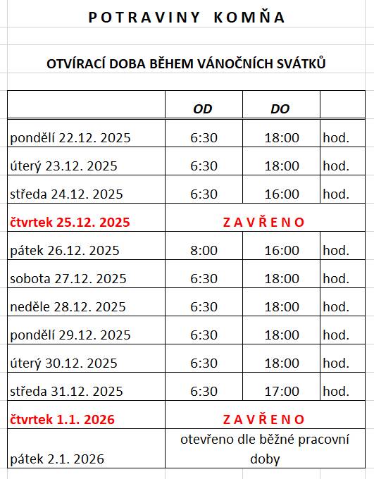OTVÍRACÍ DOBA BĚHEM VÁNOČNÍCH SVÁTKŮ