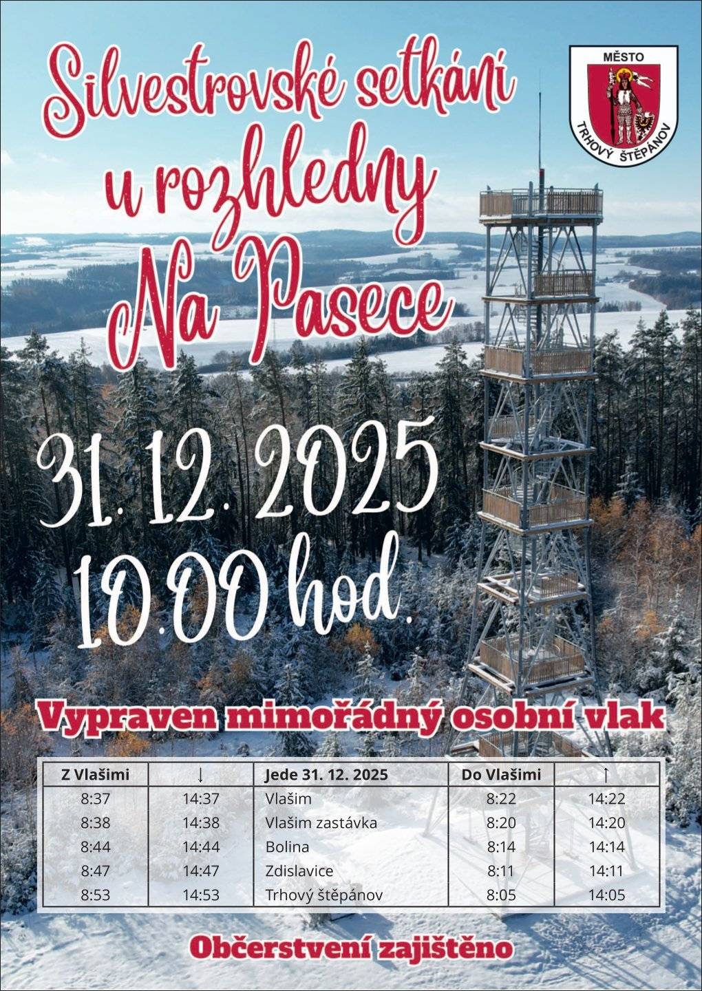 Sdílíme na přání našich sousedů ze Štěpánova : Dovolujeme si Vás srdečně pozvat na naše již třetí Silvestrovské setkání u rozhledny Na Pasece. Pro tuto příležitost opět bude vypraven speciální vlak a na jeden den tak ožije trať  Vlašim – Trhový Štěpánov. Jízdní řád je uveden na přiloženém letáku. Rádi bychom Vás touto cestou poprosili o spolupráci při informování Vašich občanů a přiložený plakát můžete sdílet ve Vašich vývěskách, sociálních sítích či jiných komunikačních kanálech.  Tato podpora je pro nás velmi cenná a vážíme si jí. Doufáme, že se společně setkáme a užijeme si tuto poslední letošní akci. S pozdravem a přáním hezkého dne Veronika Klenotová Město Trhový Štěpánov tel.: +420 317 851 163 email: mesto@trhovystepanov.cz www: www.trhovystepanov.cz