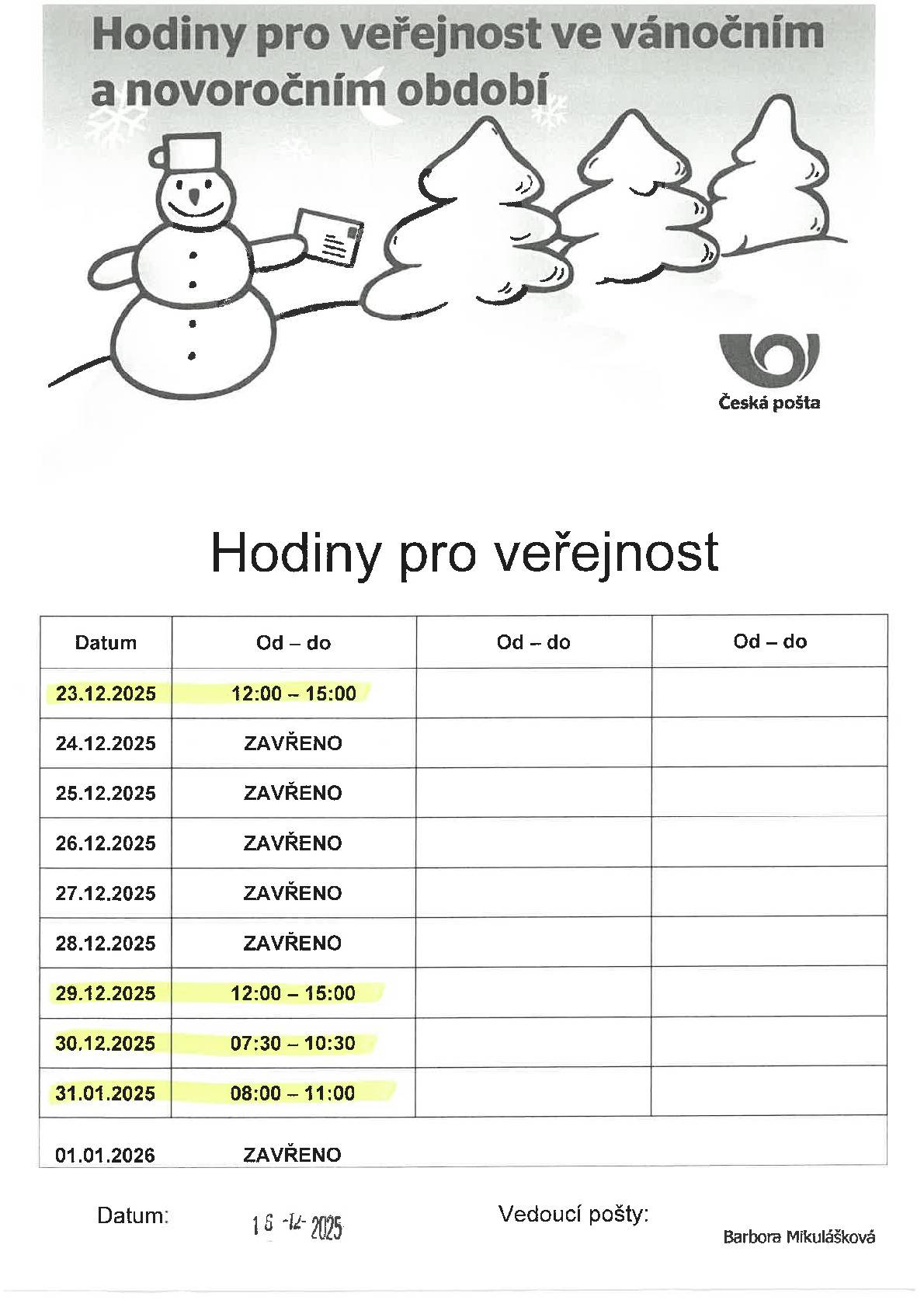 Hodiny pro veřejnost ve vánočním a novoročním období