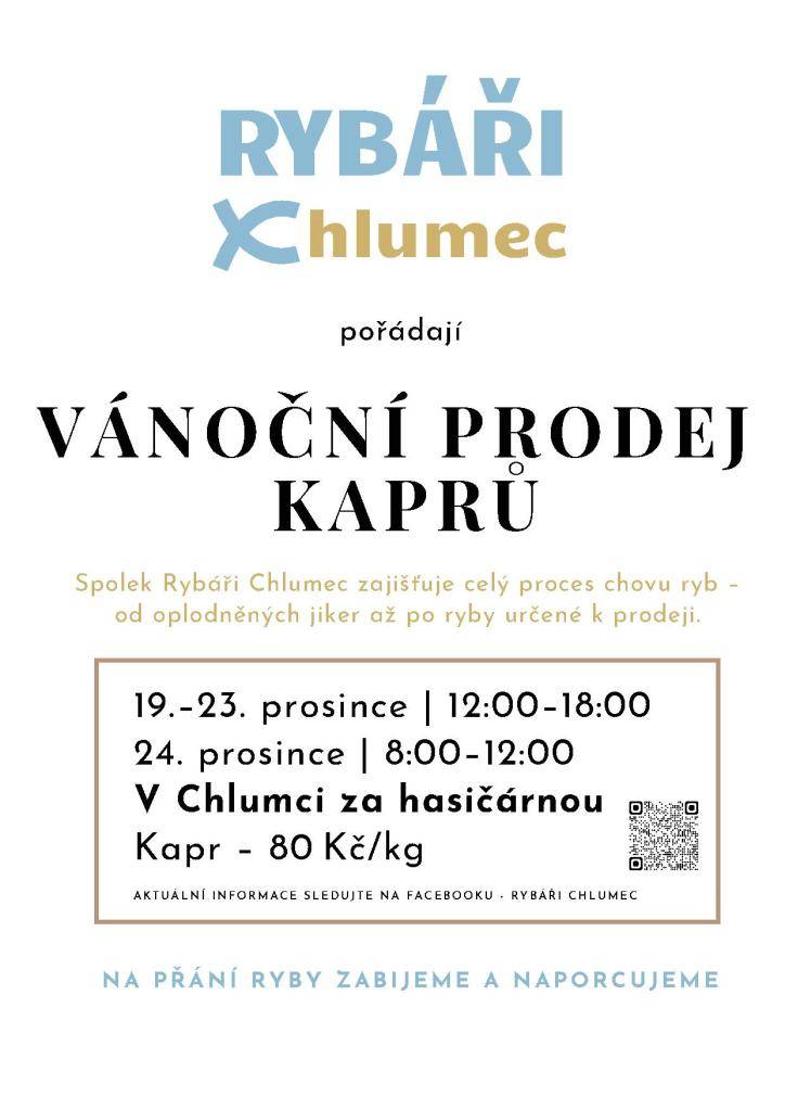 Vánoční prodej kaprů za cenu 80 Kč/kg.