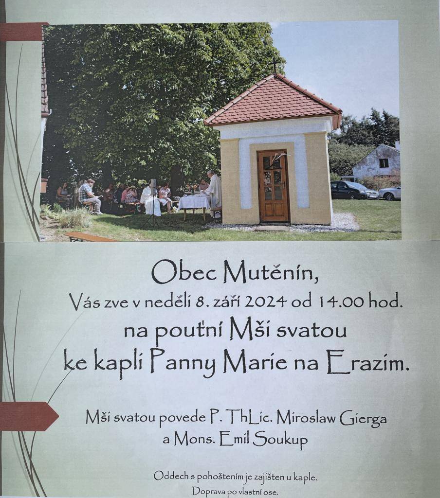 Zveme Vás na pouťní Mši svatou ke kapli Panny Marie na Erazim 8.9. 2024 od 14.00 hod.