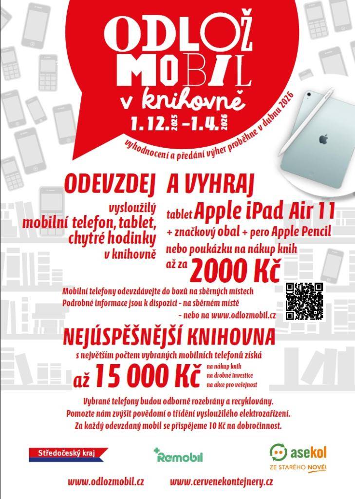 Odevzdej v knihovně do 1. 4. 2026 vysloužilý mobil, tablet nebo chytré hodinky a vyhraj.