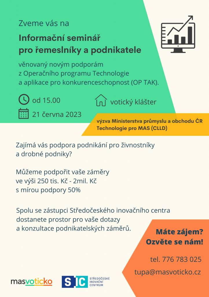 Informační seminář pro řemeslníky a podnikatele věnovaný novým podporám z Operačního programu Technologie a aplikace pro konkurenceschopnost. (OP TAK) 21.6.2023 15.00 hodin. Votice klášter