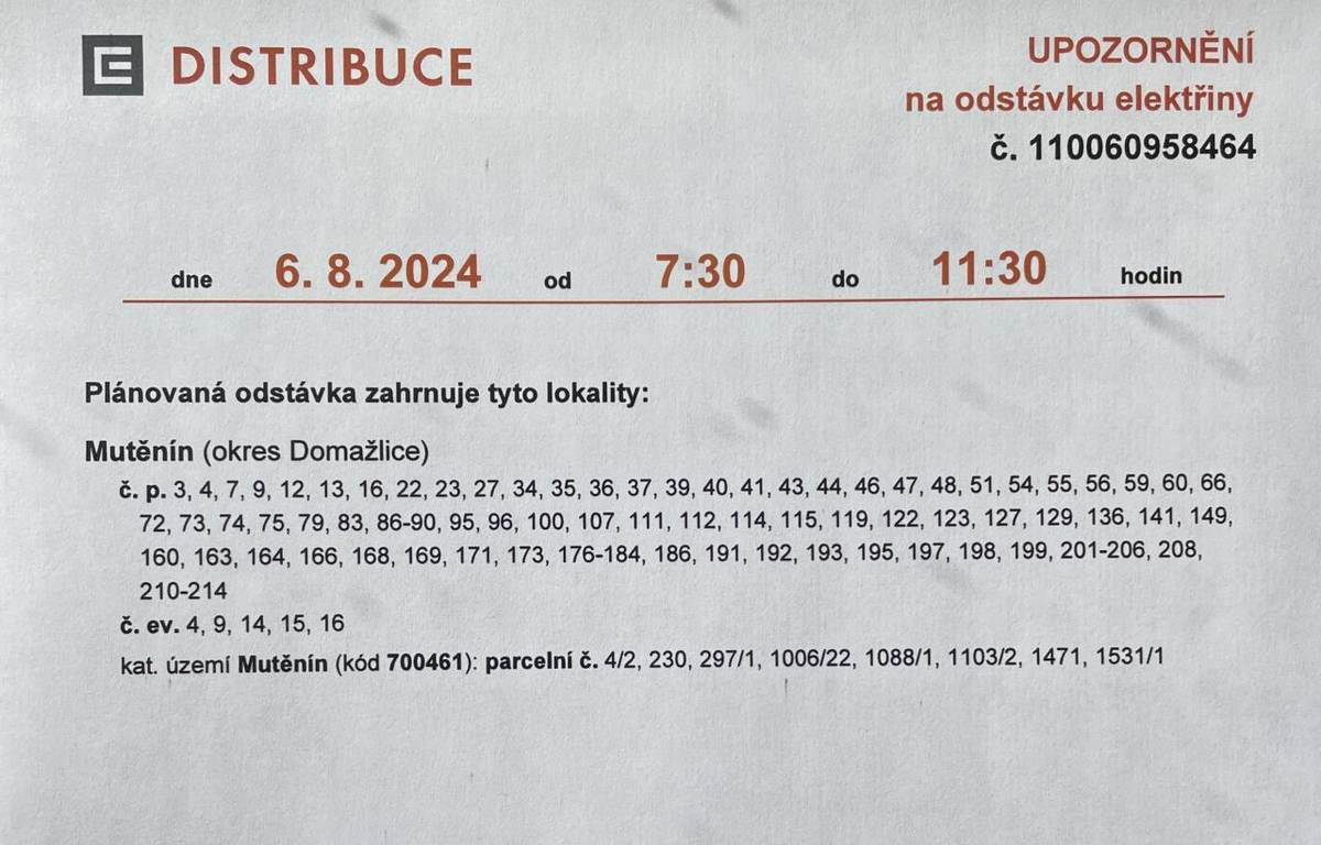 Upozorňujeme občany, že dne 6.8. od 7.30 do 11.30 hod. bude přerušena dodávka elektřiny.