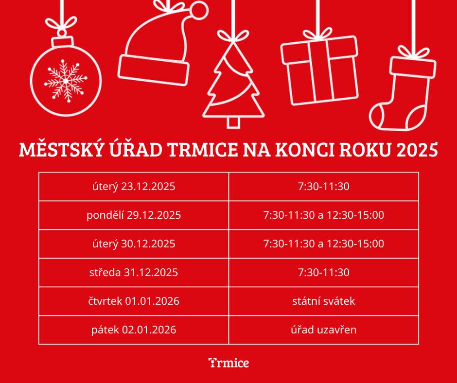 Vážení občané, na přelomu roku upravujeme z provozních důvodů otevírací dobu úřadu pro veřejnost. Děkujeme za pochopení.