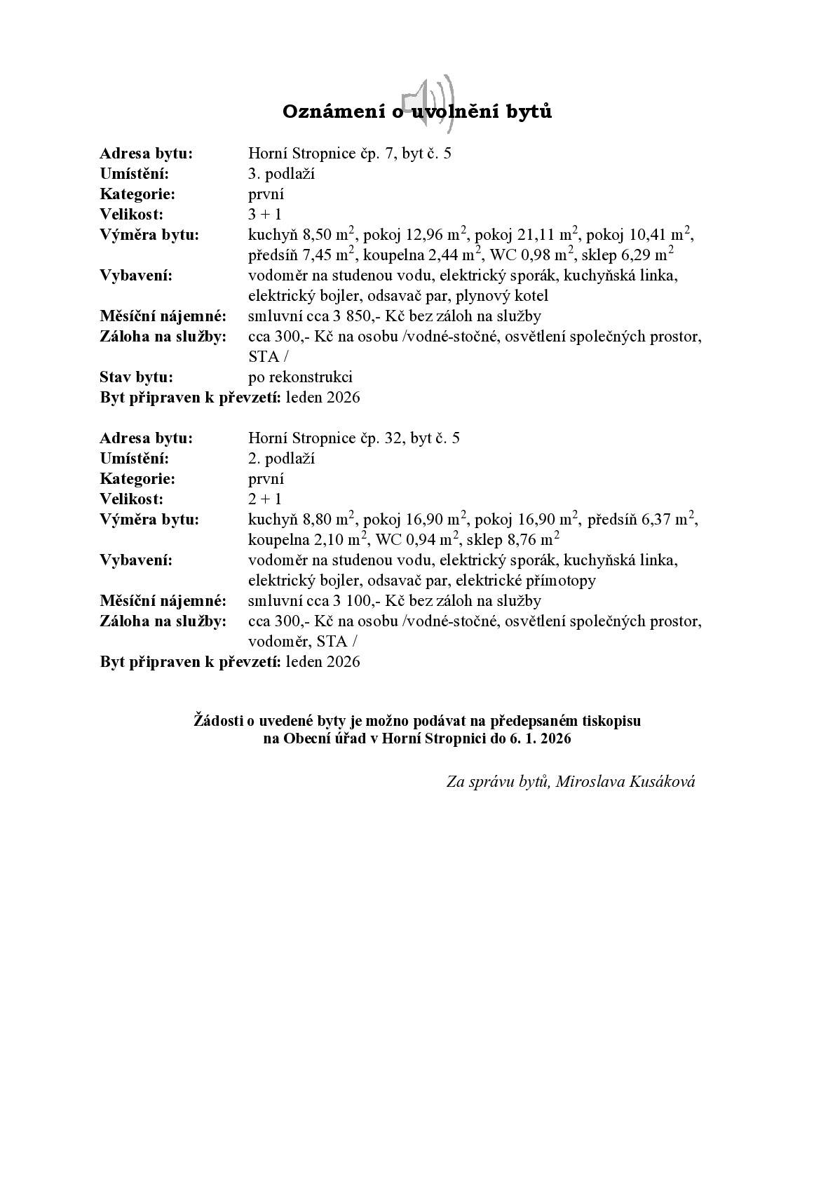 Oznámení o uvolnění bytů prosinec 2025