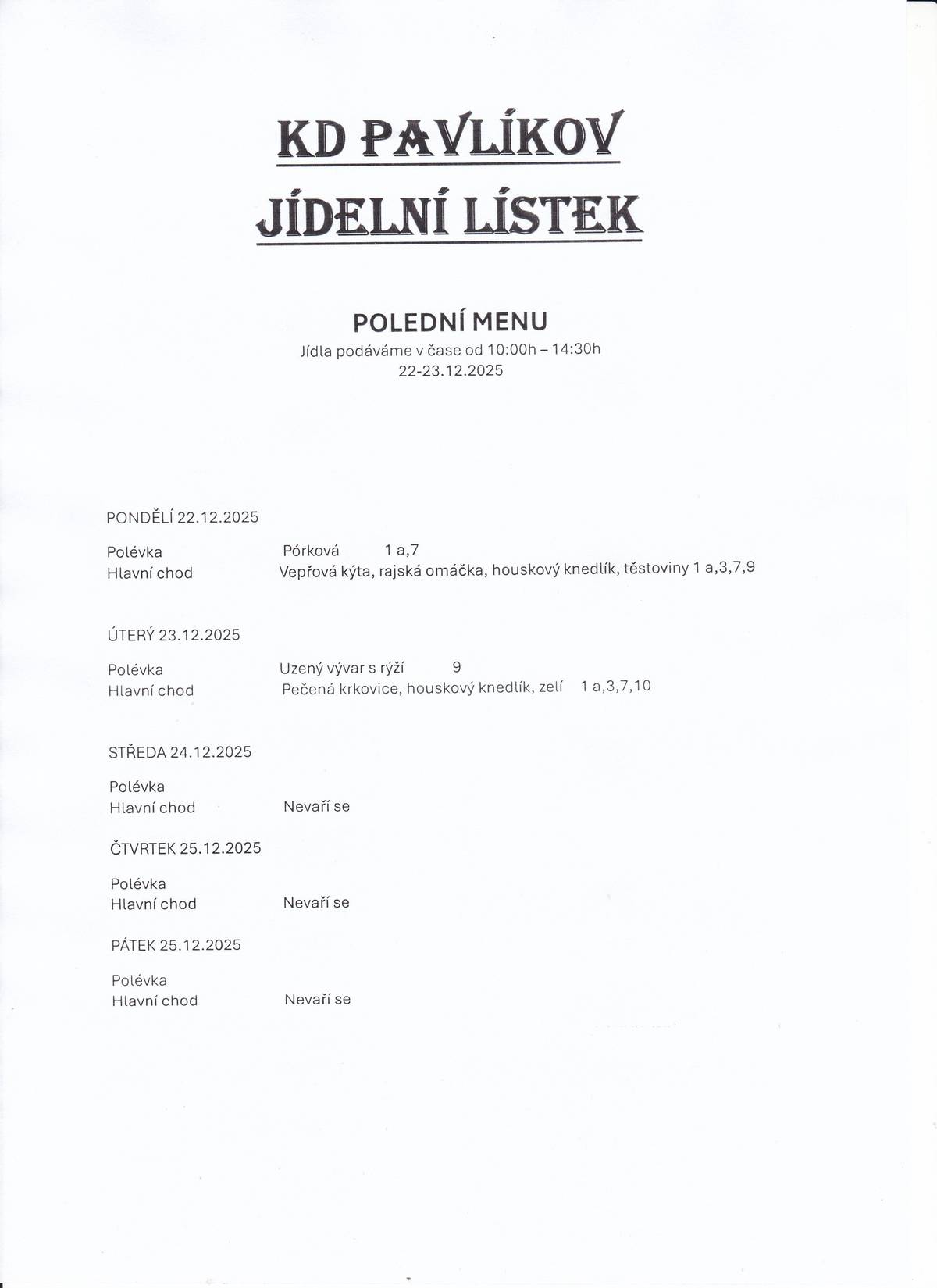 Jídelní lístek KD Pavlíkov na 22.12.2025 a 23.12.2025