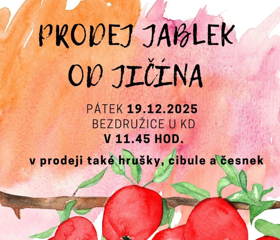 V pátek 19. prosince 2025 se koná prodej jablek u KD od 11.45 hod.