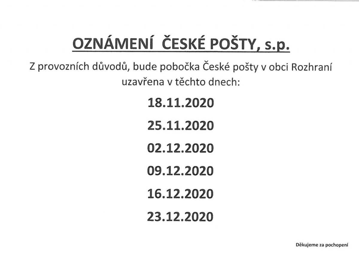 Česká pošta oznamuje, v které dny bude uzavřena pobočka v naší obci do konce roku.