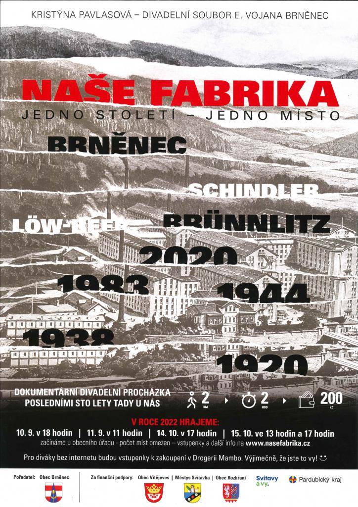 Divadelní spolek z Brněnce Vás zve na představení, které bude zároveň živou prohlídkou části objektu Vitky.  Představení se jmenuje Naše fabrika - jedno století - jedno místo.