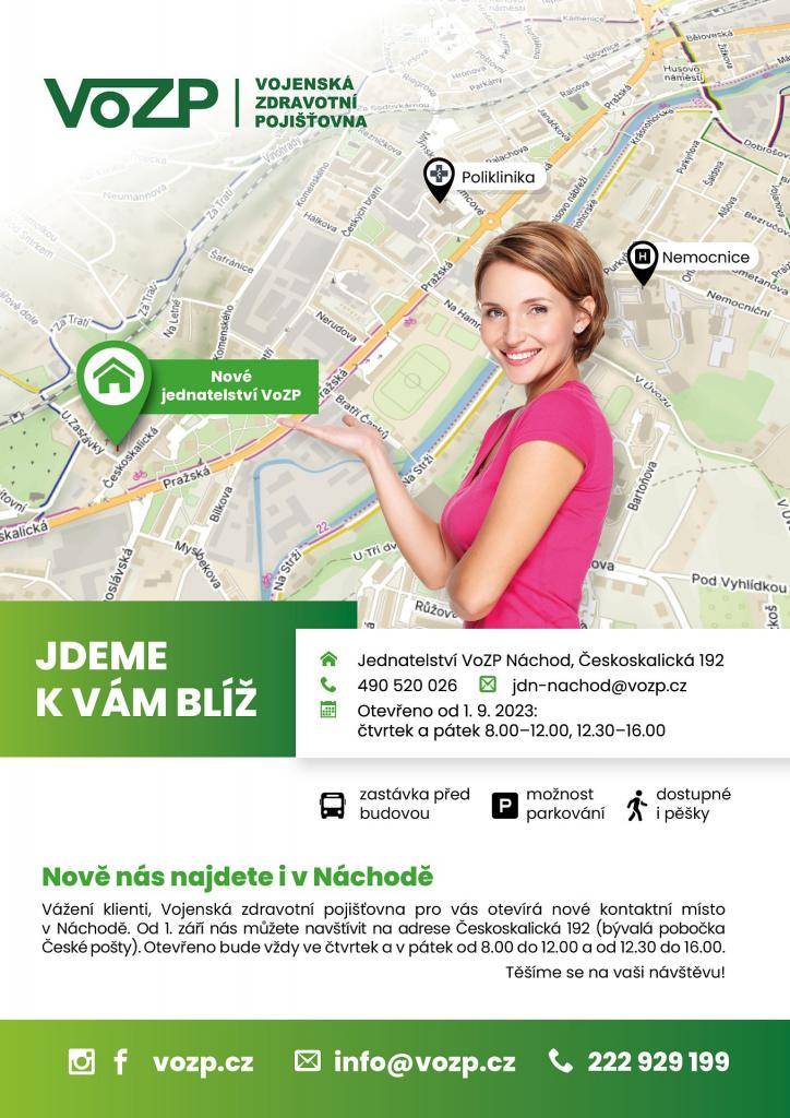 Vojenská zdravotní pojišťovna otevírá 1.9.2023 nové kontaktní místo v Náchodě.