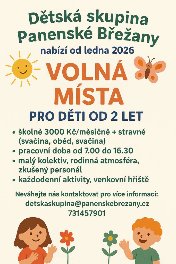 Naše dětská skupina má od ledna 2026 dvě volná místa k dispozici pro děti od 2 let. Více informací v přiloženém letáku.