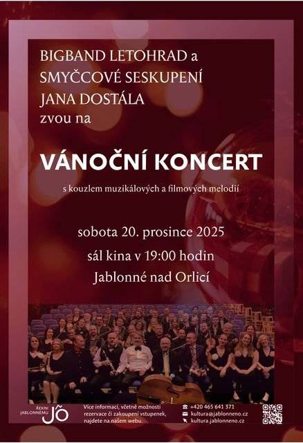 ✨ Vánoční koncert BigBandu Letohrad – už tuto sobotu! 🎄 Naladit se na vánoční atmosféru jde i hudbou 🎶. Přijďte si užít výjimečný vánoční koncert BigBandu Letohrad, který se uskuteční tuto sobotu od 19:00. Čeká vás večer plný příjemně vánočně laděných melodií, které vás provedou adventním časem a navodí tu pravou sváteční náladu. 🎺🎷 Skvělá hudba, slavnostní atmosféra a jedinečný zážitek – ideální příležitost zpomalit a užít si předvánoční čas s rodinou či přáteli. 🎟️ Vstupenky jsou stále k dispozici – poslední místa v přízemí – další místa na balkóně Zakoupíte je v Informačním centru Jablonné nad Orlicí nebo online na webu kultury města Jablonné n. O.