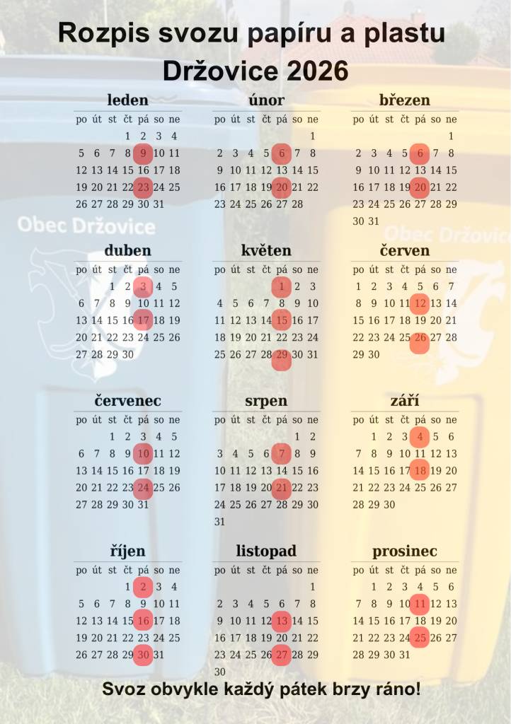 Platí pro domovní svoz papíru a plastu pro rok 2026.   Popelnice přichystejte vždy raději již ve čtvrtek večer. Svoz zpravidla probíhá každý druhý pátek brzy ráno, ale může se stát, že bude z provozních důvodů uskutečněn i později.