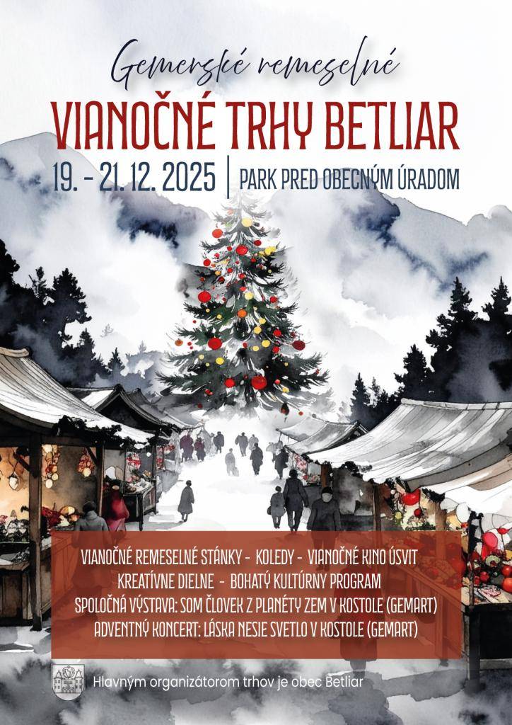 Pozývame všetkých občanov i návštevníkov obce na Gemerské remeselné Vianočné trhy v Betliari, ktoré sa budú konať 19.-21.12.2025 v Malom parku v Betliari. Čaká Vás viac ako 30 remeselníckych stánkov, pekný program a tradičné chute a vône Vianoc. Tešíme sa na Vašu účasť.