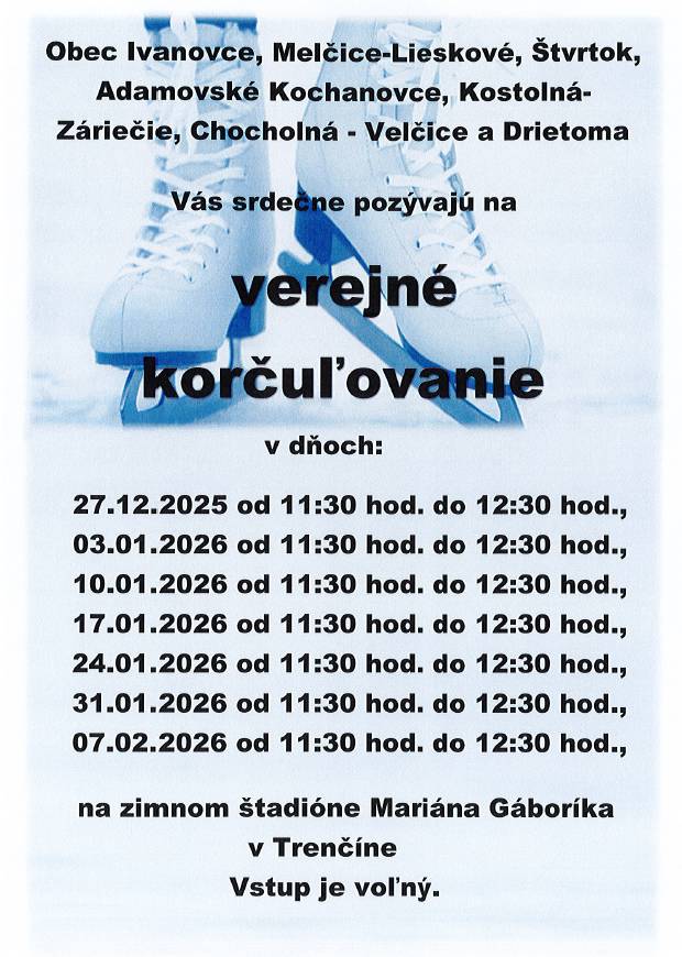 Verejné korčuľovanie zdarma na zimnom štadióne Mariána Gáboríka v Trenčíne môžete využívať aj naďalej - od 27.12.2025 do 7.2.2026 každú sobotu v čase od 11:30 do 12:30.