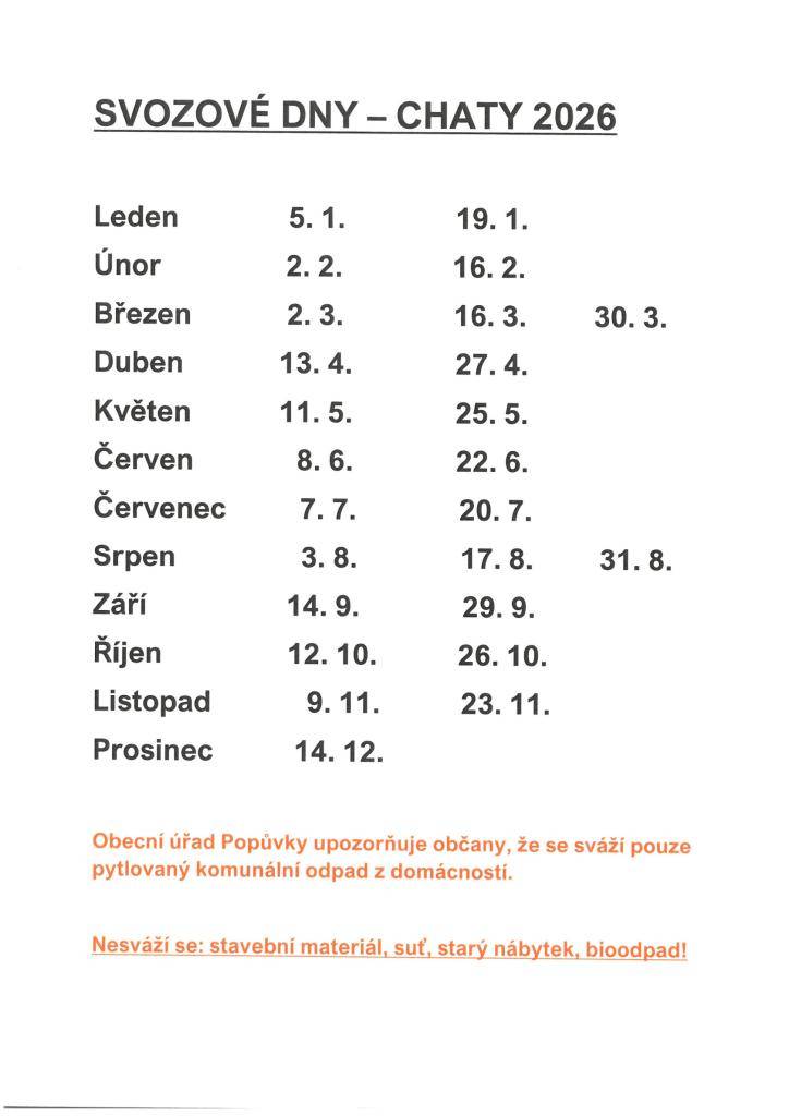 Svozové dny - chaty 2026