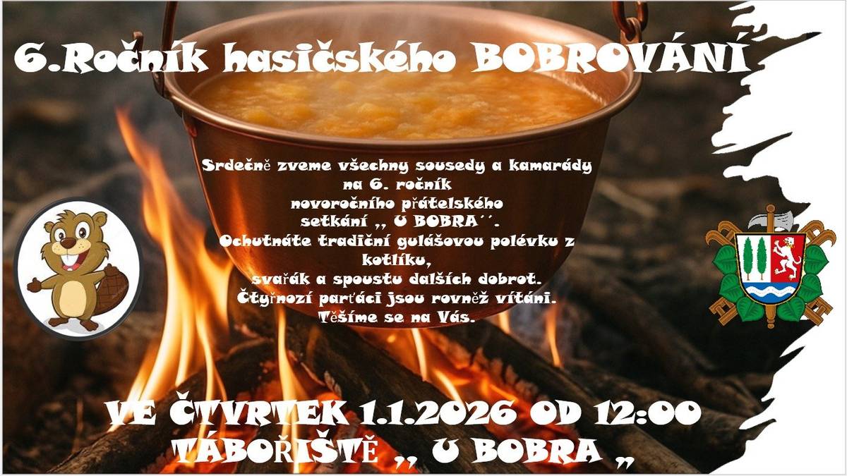 SDH Dobšice srdečně zve všechny sousedy a kamarády 1.1.2026  v pravé poledne na přátelské setkání U Bobra. Společně se uvaří kotlíková gulášovka, opečou se buřtíky a jiné pochutiny. Nebude chybět čaj a svařák.