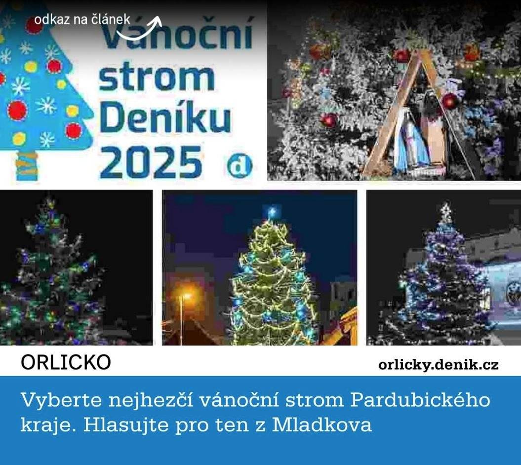 Naše obec se letos soutěže o nejhezčí vánoční strom v Pardubickém kraji neúčastní, ale rádi bychom podpořili naše sousedy z Mladkova. 💚 Prosíme, dejte Mladkovu svůj hlas v anketě na Orlickém deníku – hlasování zabere jen chvilku. Děkujeme! 🙏✨ Hlasujte zde 👉 https://orlicky.denik.cz/.../vyberte-nejhezci-vanocni...