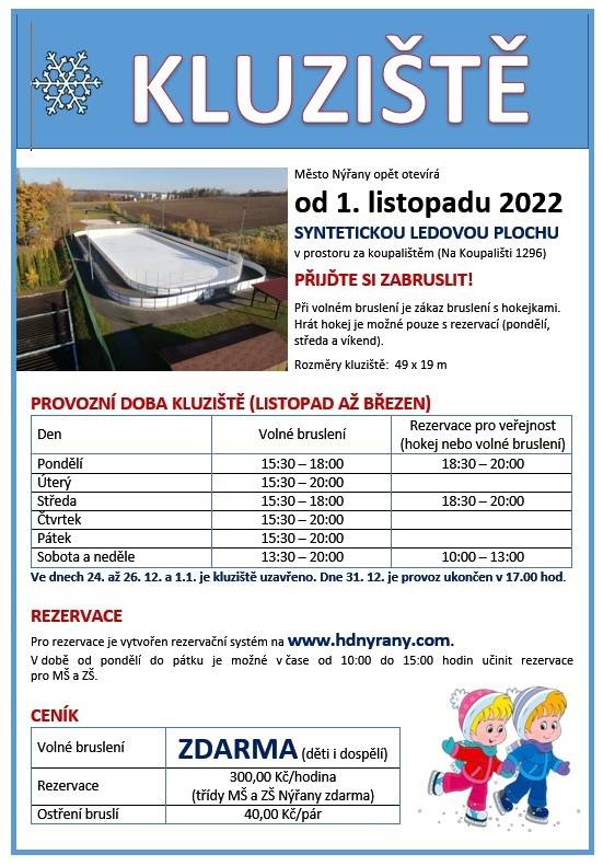 Město Nýřany od 1. listopadu 2022 opět otevírá syntetickou ledovou plochu za koupalištěm pro všechny zdarma.